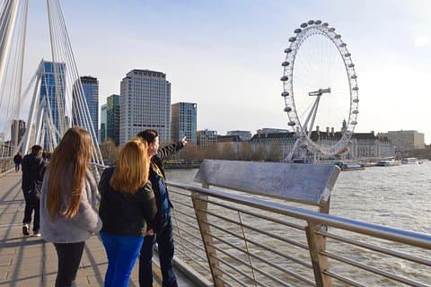 Dave showing Julie and Paige McNicol the fab view of the London Eye and Westminster, from Hungerford Bridge.