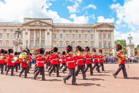The band of the Coldstream Guards leading the Changing of the Guard at Buckingham Palace