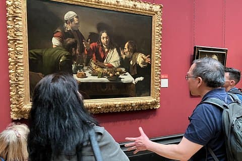 Caravaggio's depiction of the two shocked disciples who discover that Jesus is alive following his crucifixion. Jesus gave thanks and broke bread when they suddenly recognized him. Luke 24