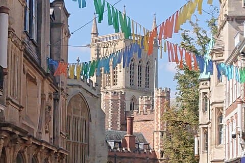 Festive view of St John's tower, the tallest building in the University