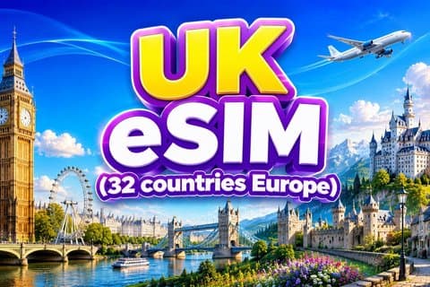 eSIM for UK (34 EU countries) | 3 to 30 days. Up to 40GB of data