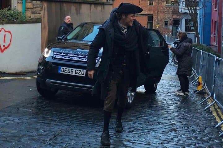 Sam Heughan on the way to filming