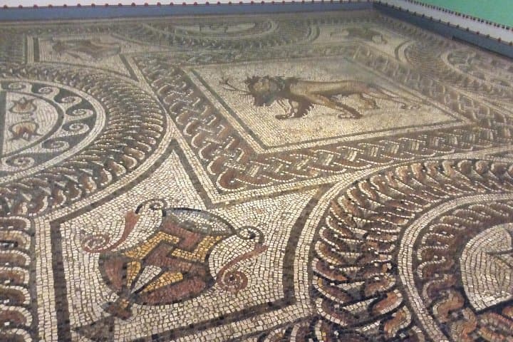 A fine mosaic floor in the Verulamium Museum of Roman Life