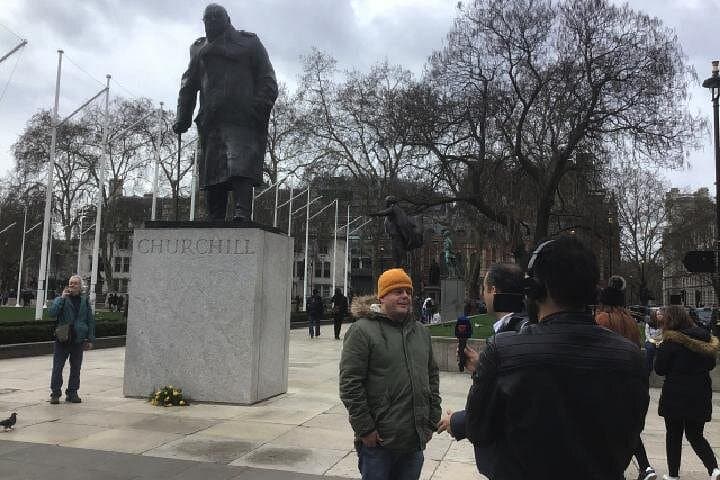 Ye Olde England Tours founder & guide filming for an International TV feature on Churchill.