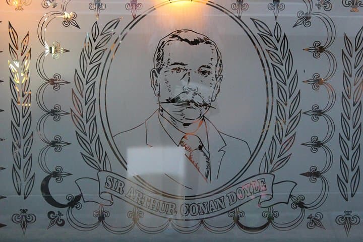 A window depicting Sir Arthur Conan Doyle the author of the Sherlock Holmes stories