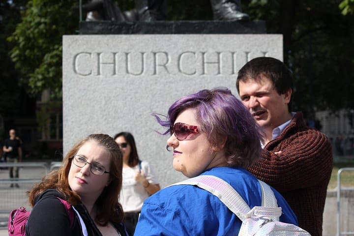 The delightful Dewi explaining the aerial bombing of London in Parliament Square.