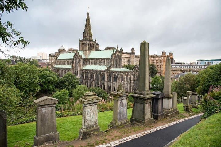 Glasgow necropolis with cathedral in background.
