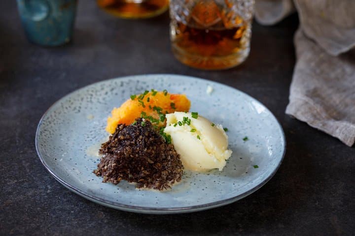 Delicious haggis, neeps & tatties with a wee dram!