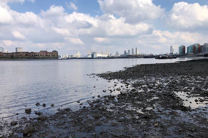 Rotherhithe foreshore looking east towards the O2 arena.