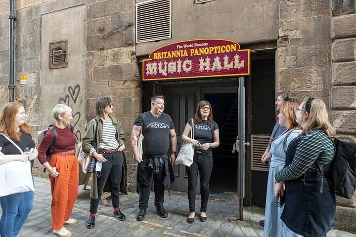 Guides Fiona & Phil with guests outside the legendary Britannia Panopticon Music Hall