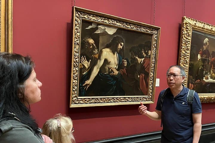 Guercino's The Incredulity of Thomas is the topic of discussion. John 20 tells of a skeptical Thomas feeling the permanent wounds of a resurrected Jesus.