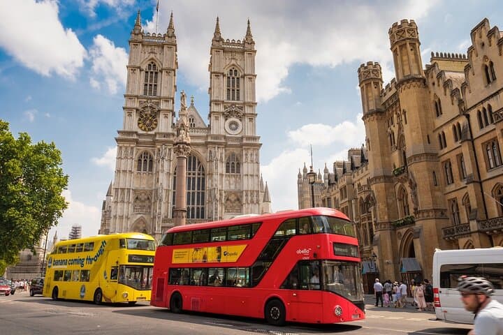 Historic Westminster Abbey and a Classic Double Decker Bus