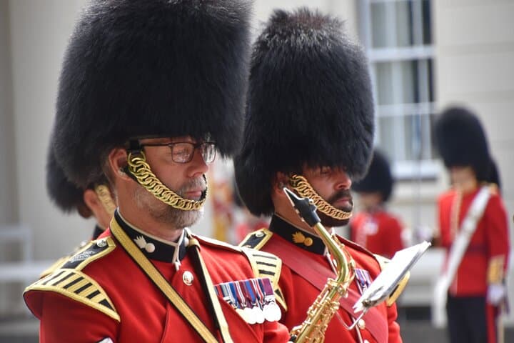 The band and footguards line up ready to parade through St James and the Mall.