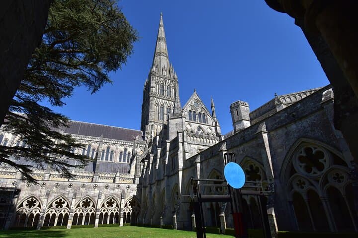 A view of Sailsbury Cathedral's impressive tower as seen from the Cathedral cloisters.