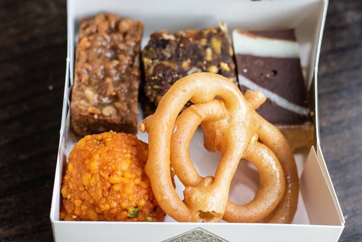 A tempting selection of classic Indian mithai ready for tasting.