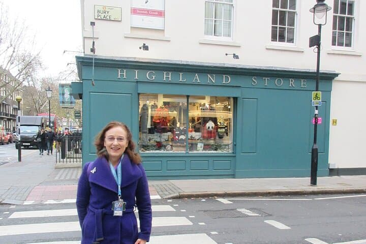 The tour's meeting place opposite the British Museum's main entrance, at the corner of Great Russell Street and Bury Place. Meet your guide, Carol, outside the Highland Store, shown in this photo.