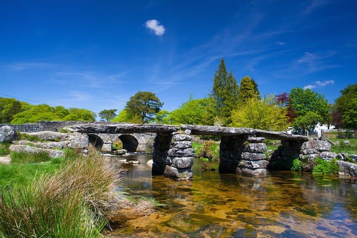 The clapper bridge at Postbridge — a medieval crossing of massive granite slabs, standing proudly as one of Dartmoor’s most iconic landmarks