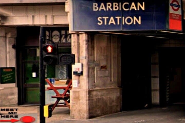 We meet outside Barbican station's only exit, as shown. Barbican is on the Circle, Metropolitan & Hammersmith & City lines. ARRIVE EARLY!!!!
