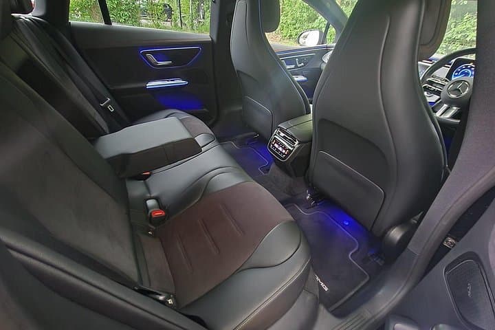 Luxury and space in the rear seats of the Mercedes-Benz EQE — VANTA Chauffeurs Chester.