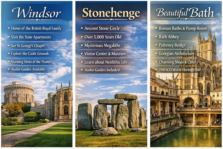 Private Full Day Trip to Windsor, Stonehenge & Bath from London