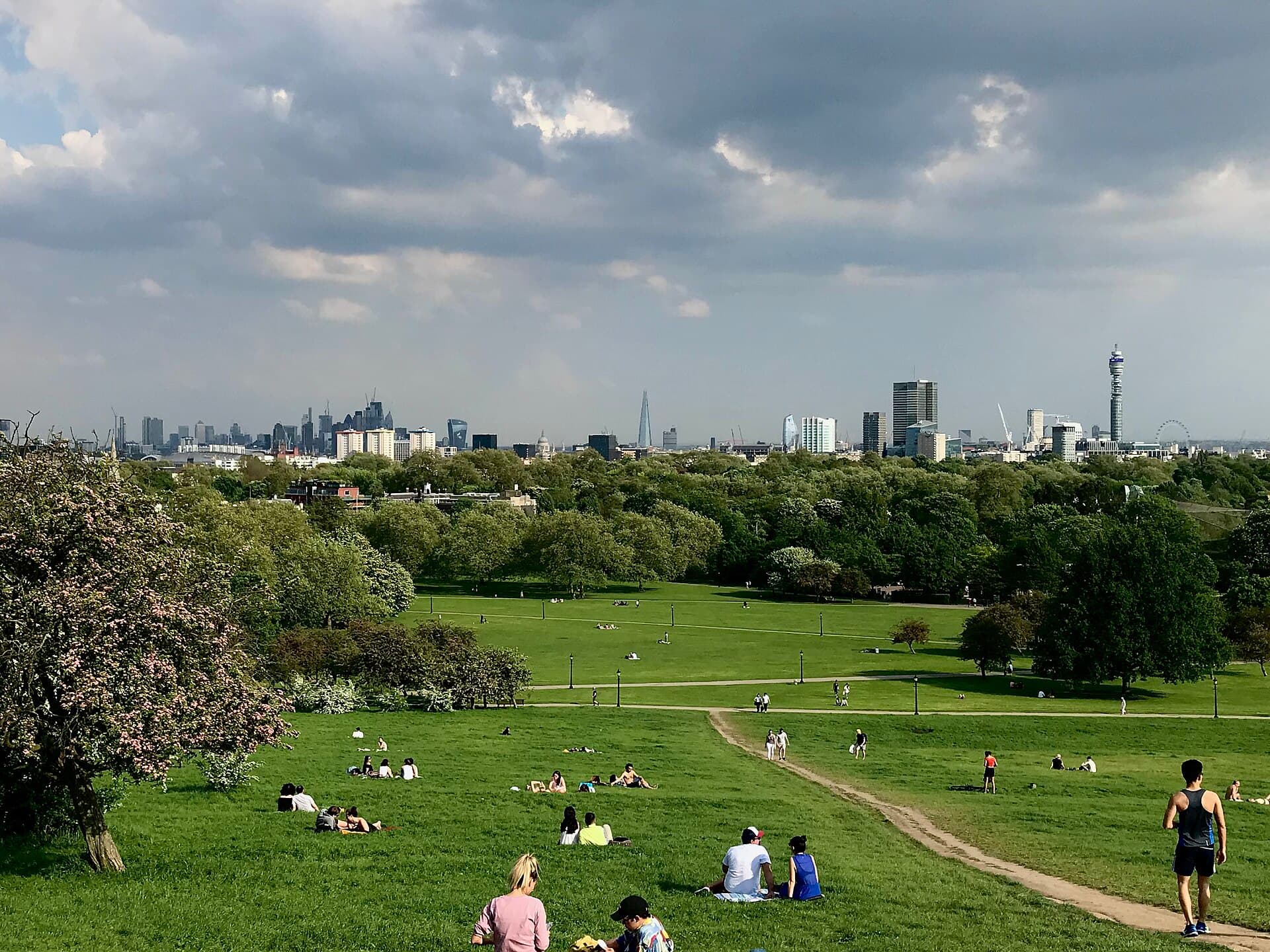 London skyline from Primrose Hill with the Shard, the Eye and the City beyond the rooftops