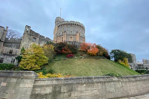 Windsor Castle and its round tower from inside the castle grounds